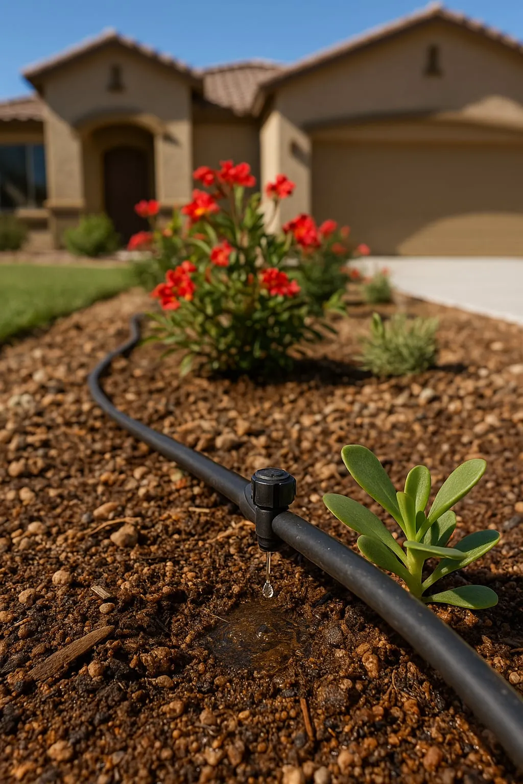 Drip line with an emitter feeding desert plants in a gravel bed