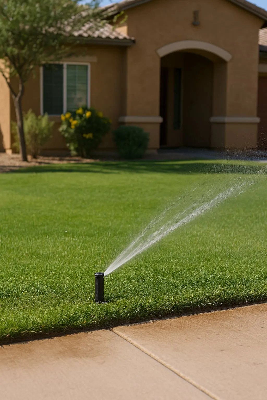 Pop-up sprinkler head spraying a green lawn